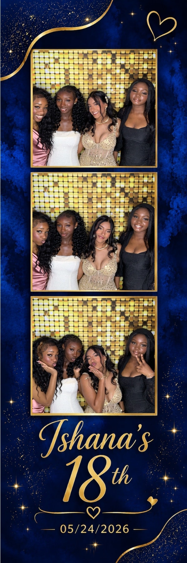 Ishana's 18th Birthday photo booth strip navy blue and gold glamorous