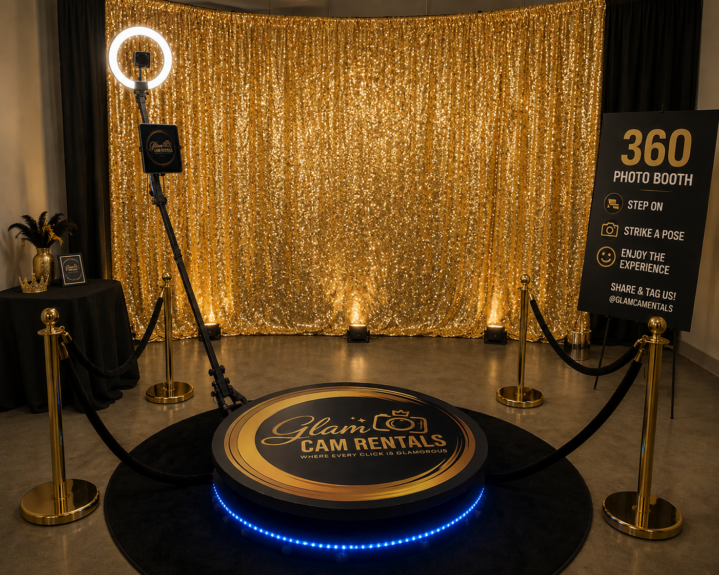 Glam Cam Rentals 360 photo booth rental with gold sequin backdrop